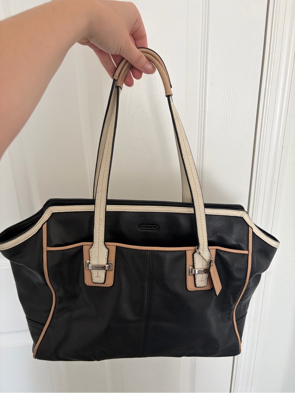 Coach Black Leather Tote with Cream Handles and Tan Trim